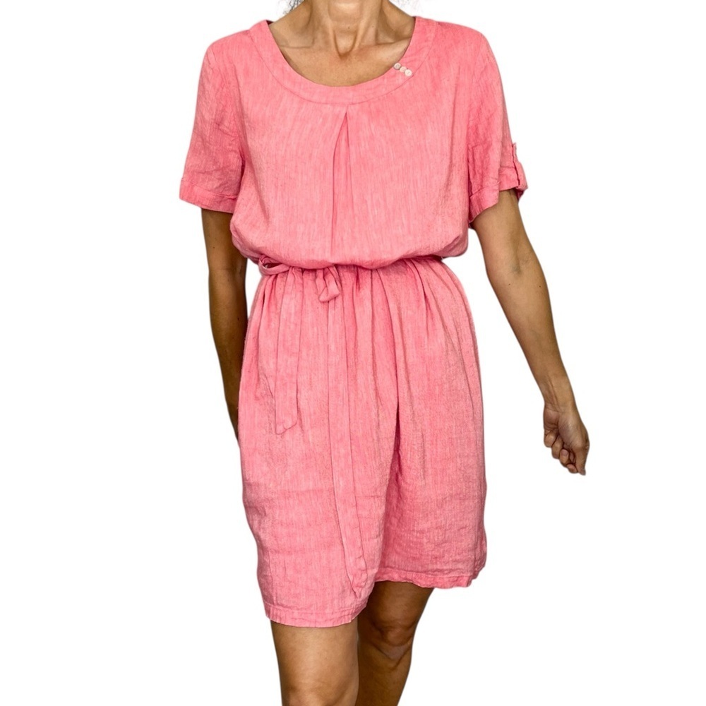 Damart France linen blend pink round neck short sleeve belted midi dress 14